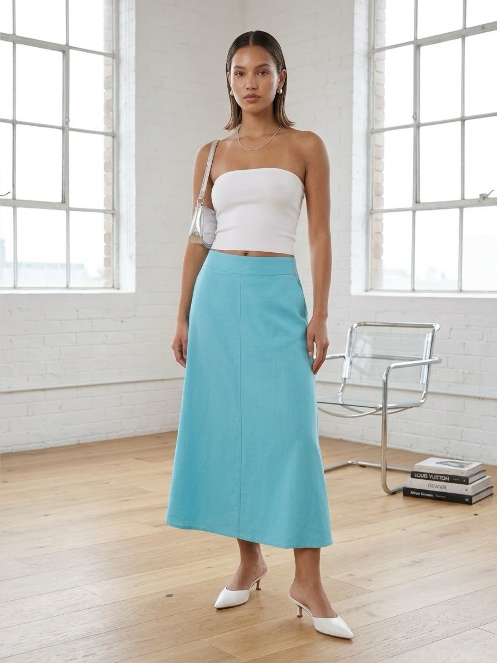 Vintage Y2K East 5th Teal Linen Blend Midi Skirt - US 12